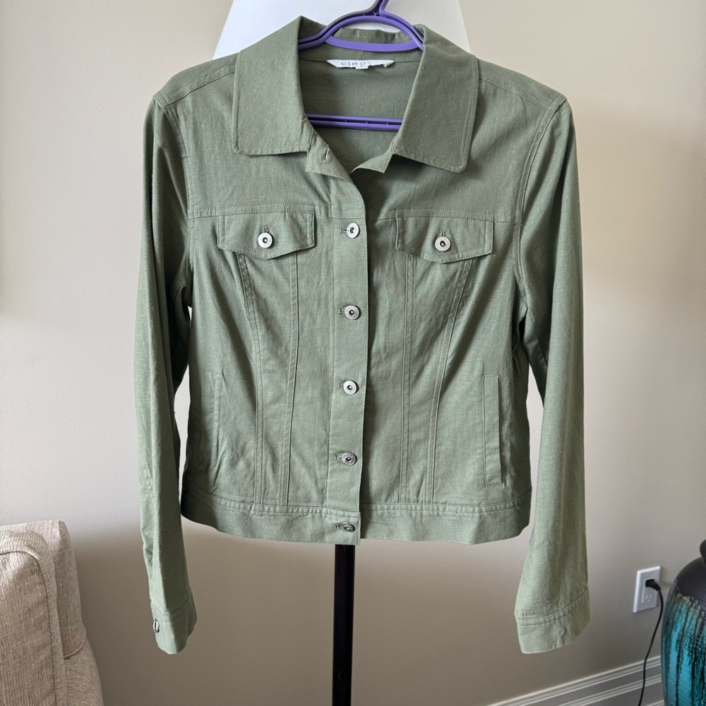 Olive Green khaki Jean Jacket Linen Blend Women’s Size Small Cleo